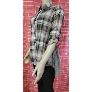 Surrealist Rare Size 1 Grey Brown Lace back Womens Plaid Tunic Boho Lagenlook #C